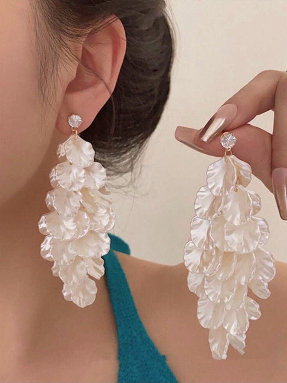 Pearl Petal Cascade Drop Earrings in Iridescent White - Picture 5 of 6